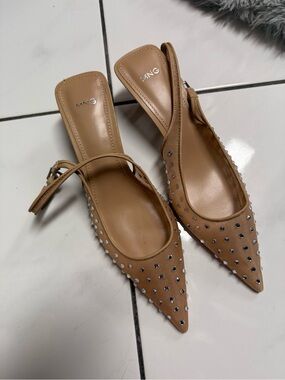 Mango Tan Pointed Slingback Flats with Silver Studs